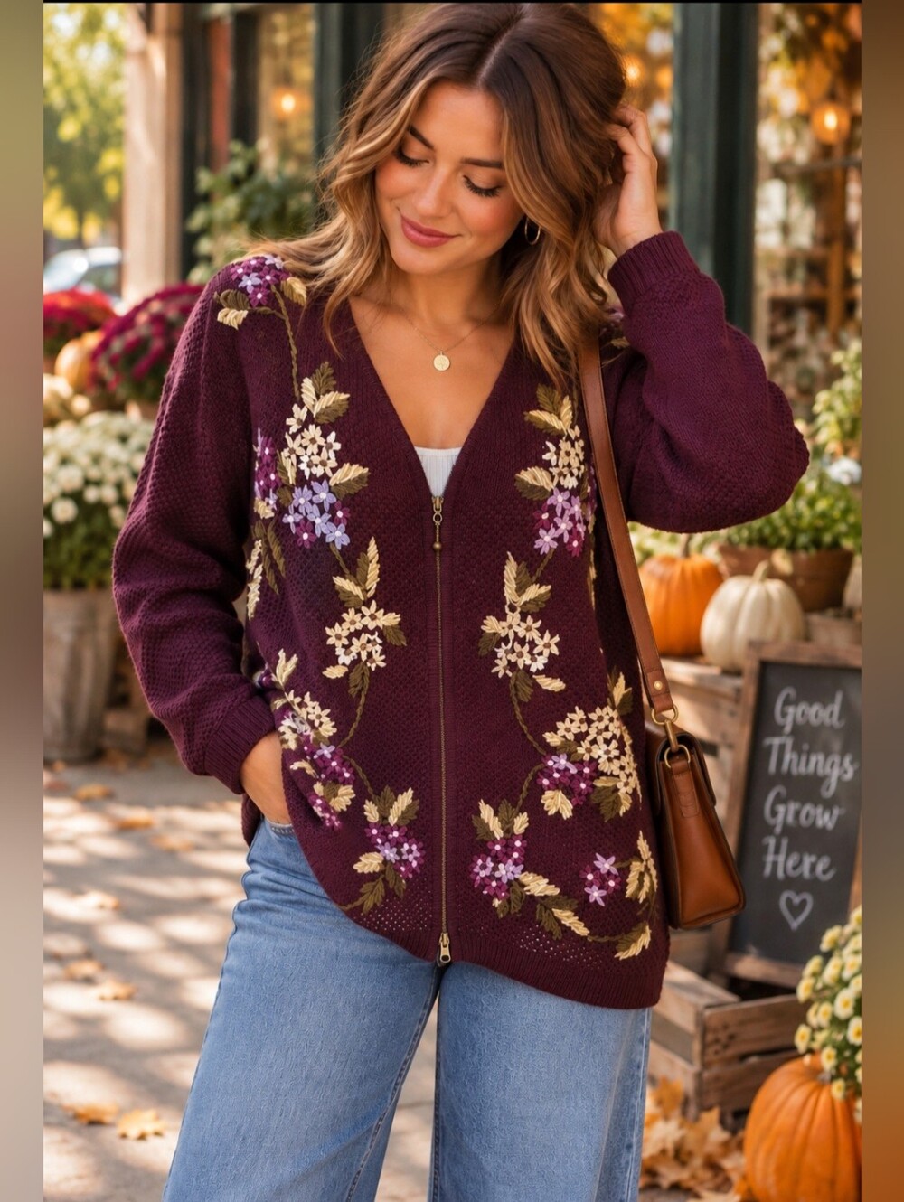 Alfred Dunner Size Small Vintage Zip Front Floral Embroidered Cardigan Fall Styl